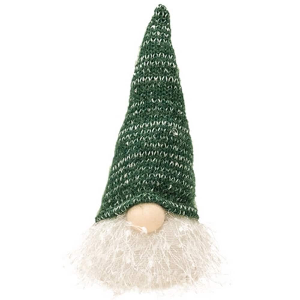 Green White Santa Gnome Figurine with Knit Hat and Shaggy Beard, 10.5 in Tall