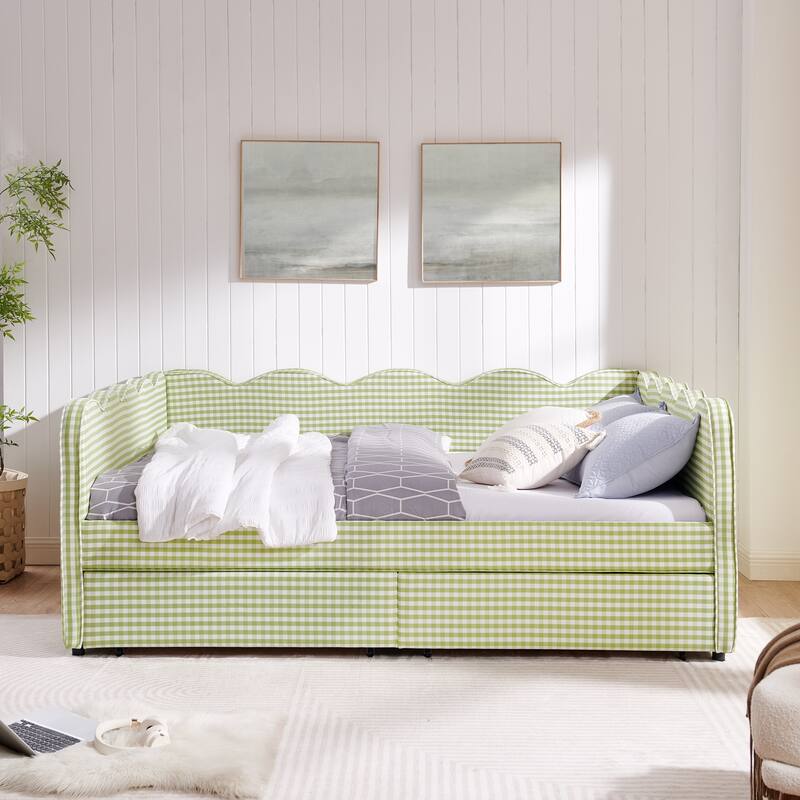 Full/Queen Gingham Daybed with 2 Storage Drawers, USB Port & Wave Shaped Linen Fabric