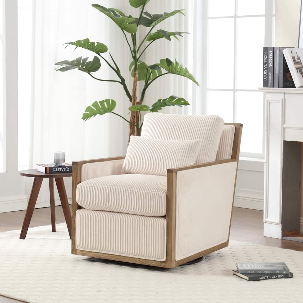 Corduroy Swivel Barrel Chair, Ergonomic Upholstered Sofa Chair, Leisure Armchair with Curved Back & Metal Frame