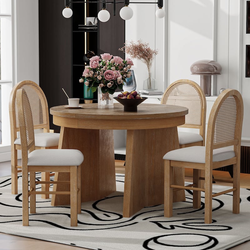 5-Piece Retro Rattan-Back Extendable Round Dining Set with Upholstered Linen Seats by Harper&Bright Designs -  Natural Wood Wash