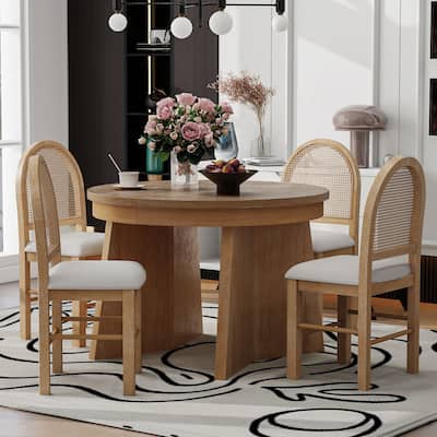 5-Piece Retro Rattan-Back Extendable Round Dining Set with Upholstered Linen Seats by Harper&Bright Designs