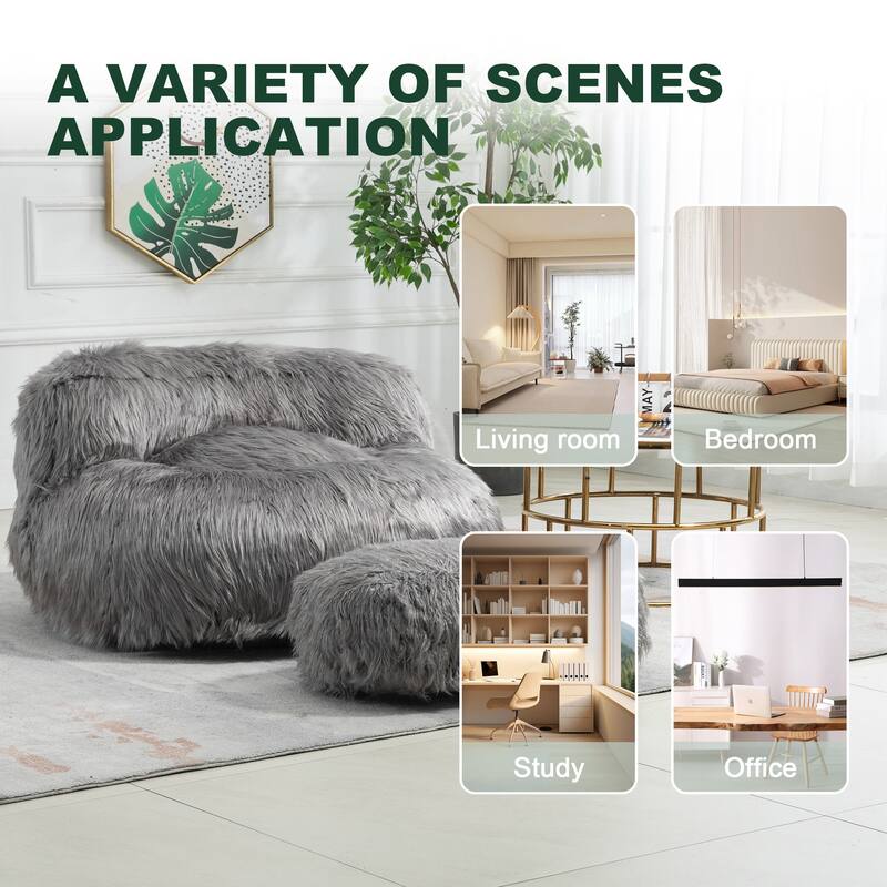 Plush Upholstered Round Comfort Lounger Bean Bag Chair with Ottoman