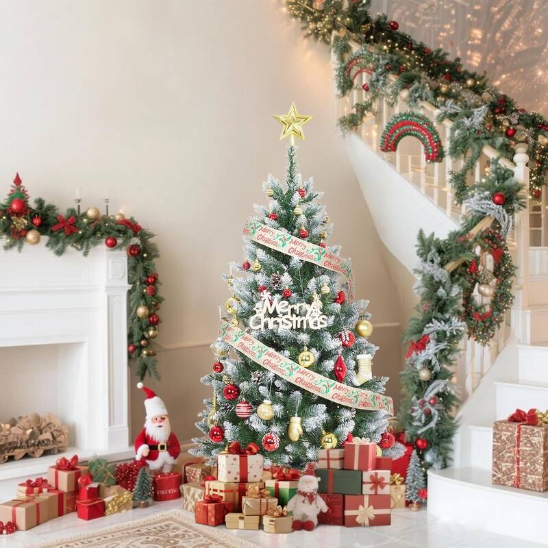Christmas Tree, Pre-Lit 4.5 Ft Artificial Pine with LED Lights, Hinged Holiday Tree with Foldable Metal Base for Home