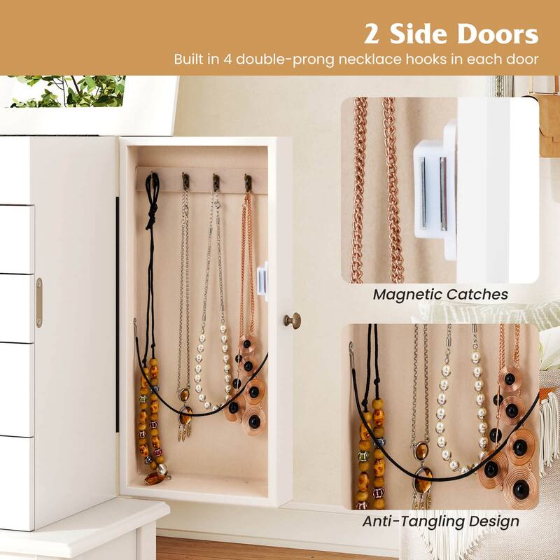 Costway Jewelry Cabinet Storage Chest Standing Organizer Mirror White - See Details