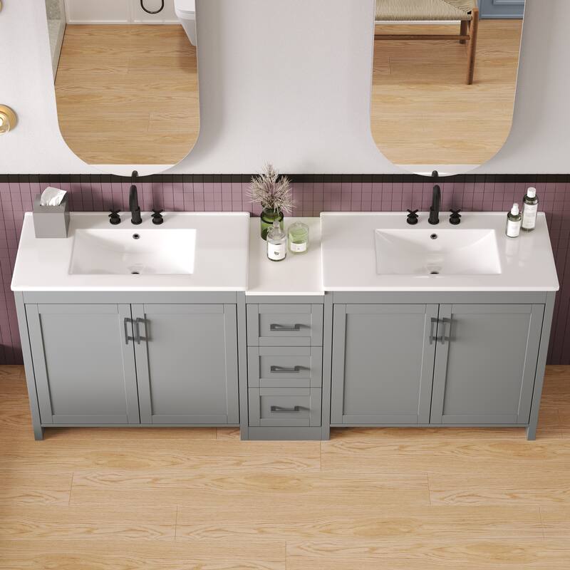 Roomfitters 84" Double-Sink Vanity, Aesthetic Modern Design with Quartz Top, Adjustable Shelves - Grey