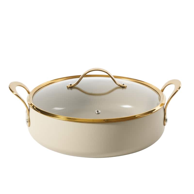 Bloomhouse 15 Piece Pots and Pans Heavy Duty Aluminum Premium PFA Free Ceramic Nonstick - Almond Cream with Gold Handle