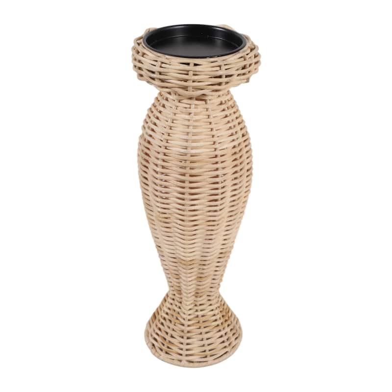 Candle Holder - Brown Metal Handwoven Raffia Pillar