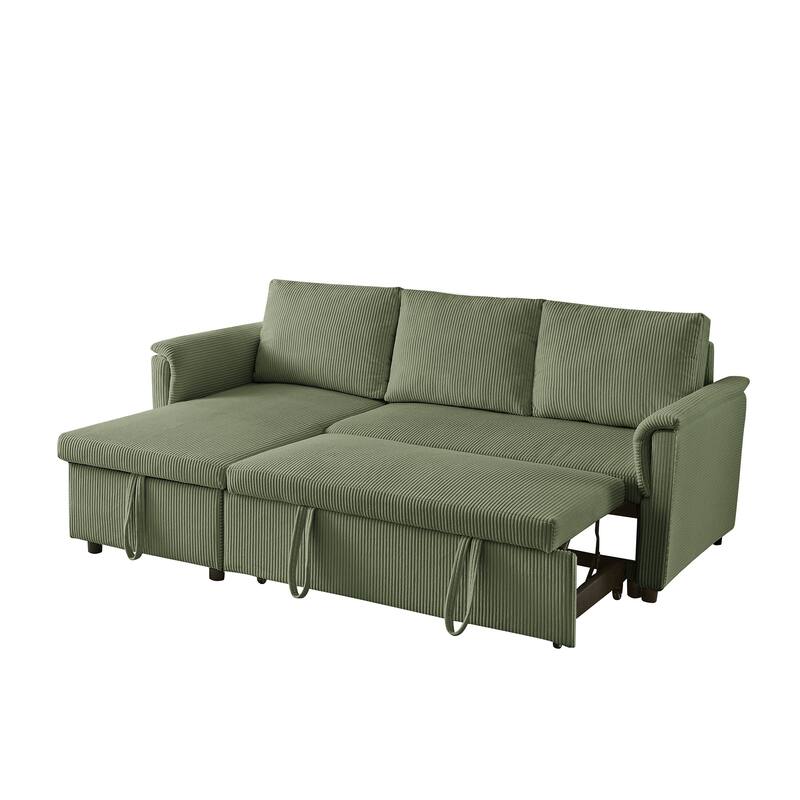 Convertible Corduroy Modular Loveseat Pull-Out Sleeper with Storage Chaise and Reclining Backrest for Living Room