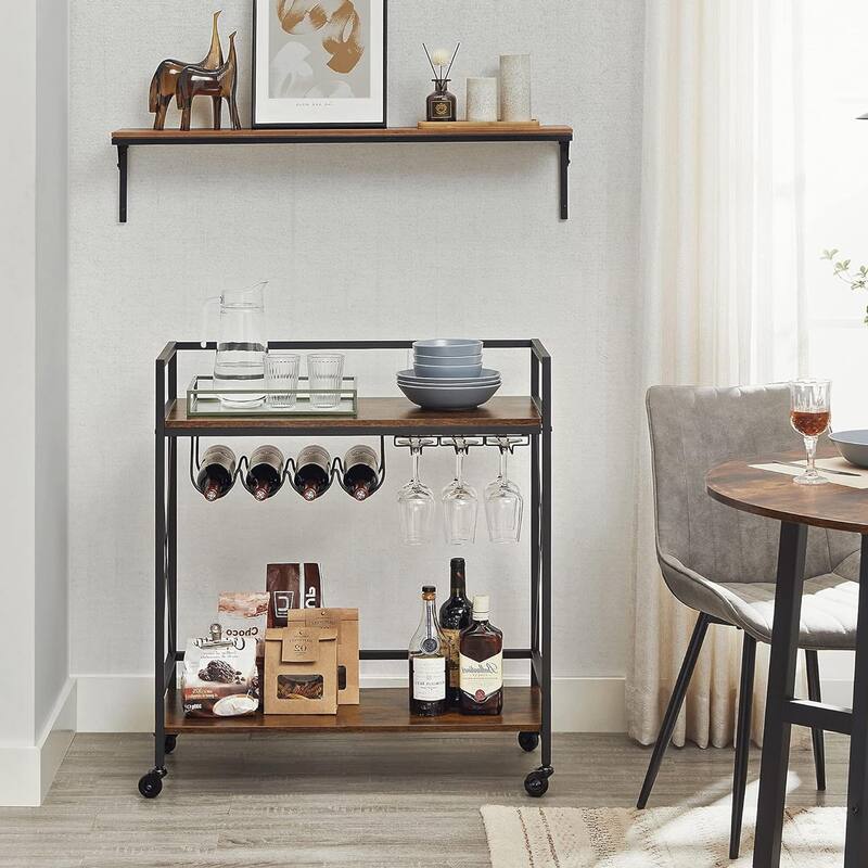 Bar Serving Cart with Glass Stemware Rack and Wine Bottle Holders