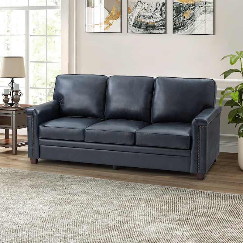 Rita Transitional Living Room 3-Seat Genuine Leather Nailhead Sofa with Solid Wood Legs and Removable Cushions - NAVY