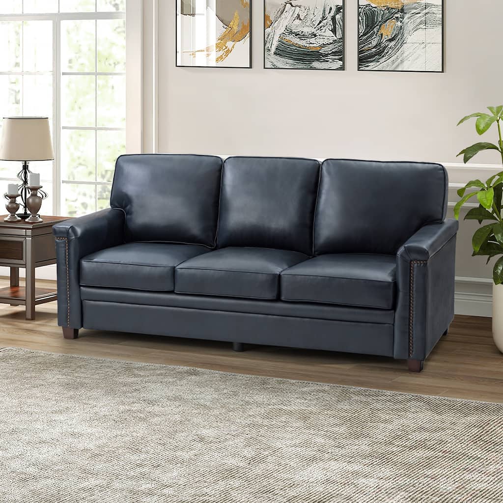 Rita Transitional Living Room 3-Seat Genuine Leather Nailhead Sofa with Solid Wood Legs and Removable Cushions