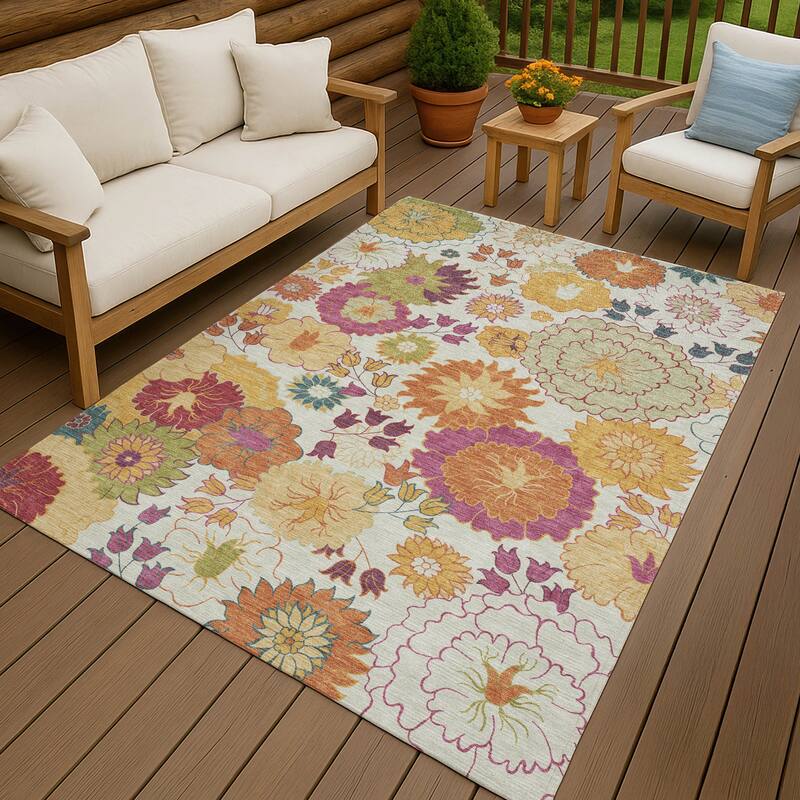 Machine Washable Indoor/ Outdoor Modern Floral Chantille Rug