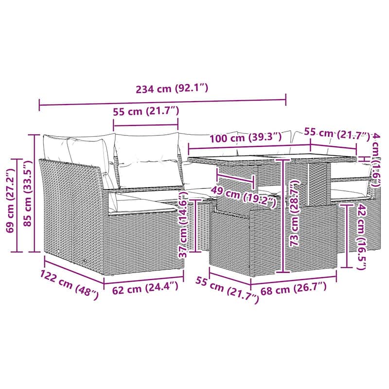 vidaXL 7 Piece Garden Sofa Set with Cushions - 92.1×48×27.2