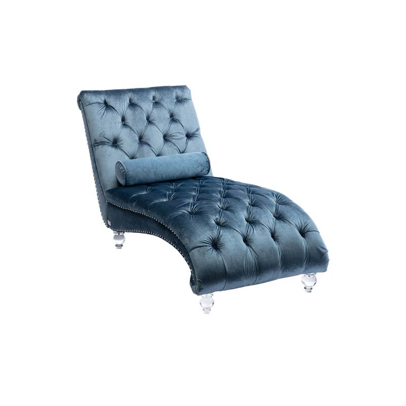 Velvet Tufted Chaise Lounge Chair Ergonomic S Shape Recliner with Pillow, Nailhead Trim and Acrylic Legs for Indoor Use