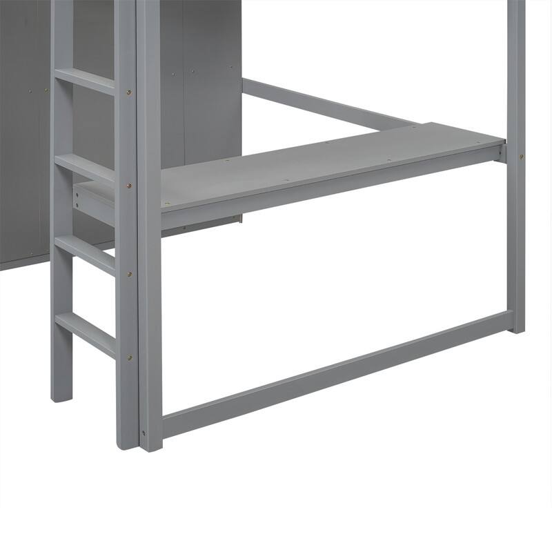 Wood Full Size Loft Bed with Built-in Wardrobe, Desk, Storage Shelves and Drawers