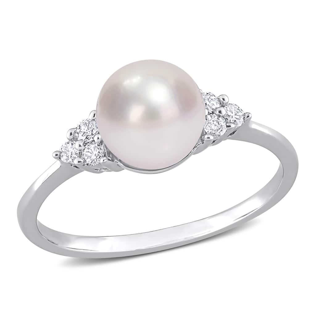 Miadora 10k White Gold Cultured Freshwater Pearl and 1/8ct TDW Diamond Ring (7.5-8 mm)