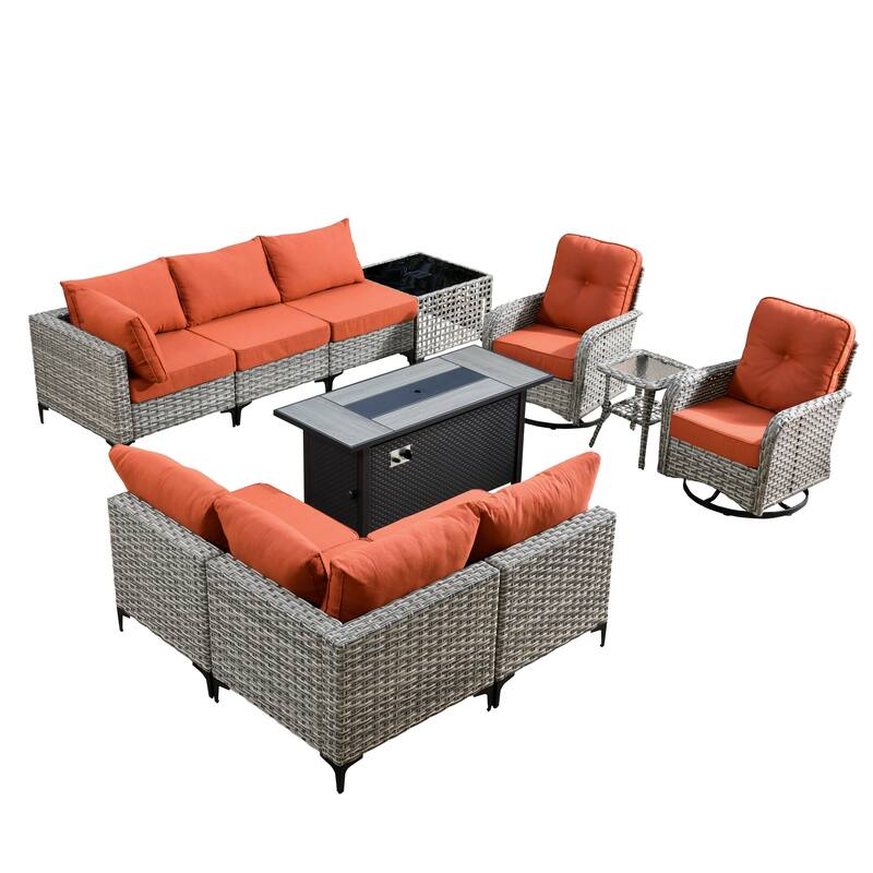 HOOOWOOO 11-piece Outdoor Patio Sofa Wicker Furniture Swivel Chair Set with 54" Fire Pit Table