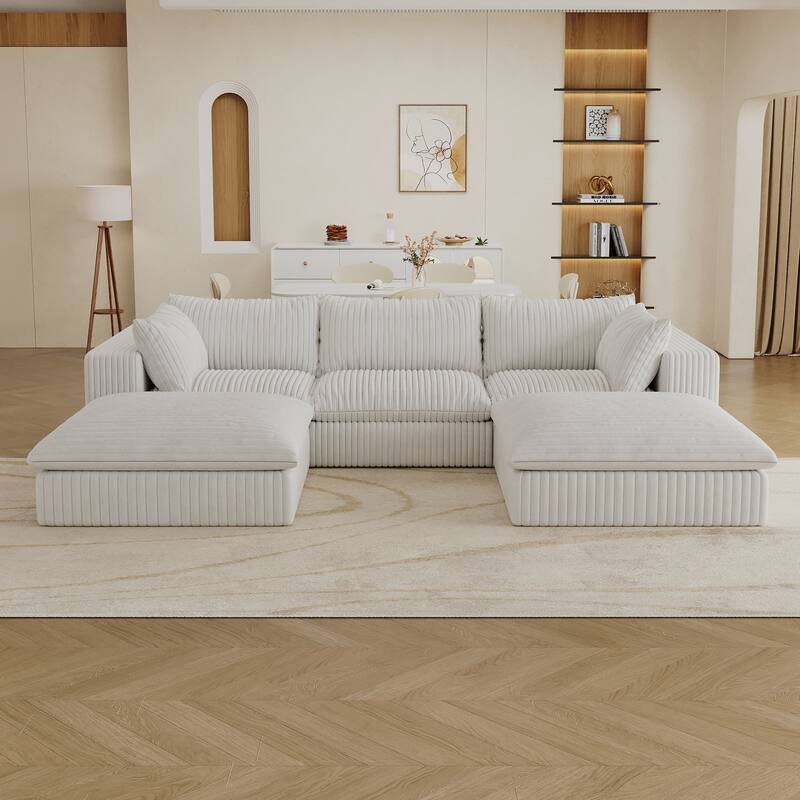 Modular Sectional Sofa with Ottoman, Oversized Corduroy Upholstered Cloud Sofa, 3 Seater Sofa with Removable Cushion