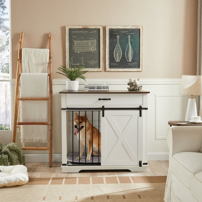 Wood Dog Crate Furniture With Barn Door And 1 Drawer - White