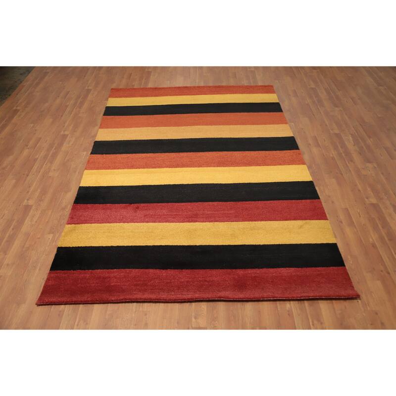 Hand Knotted Oriental 100% Wool Carpet Modern Stripe Oranges & Rust Gabbeh Area Rug - 9' 4'' X 6' 4''
