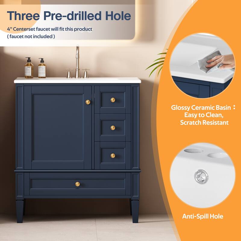 Roomfitters 30 Inch Bathroom Vanity with Sink, Freestanding Modern Vanity Cabinet with Ceramic Basin and Storage Drawers