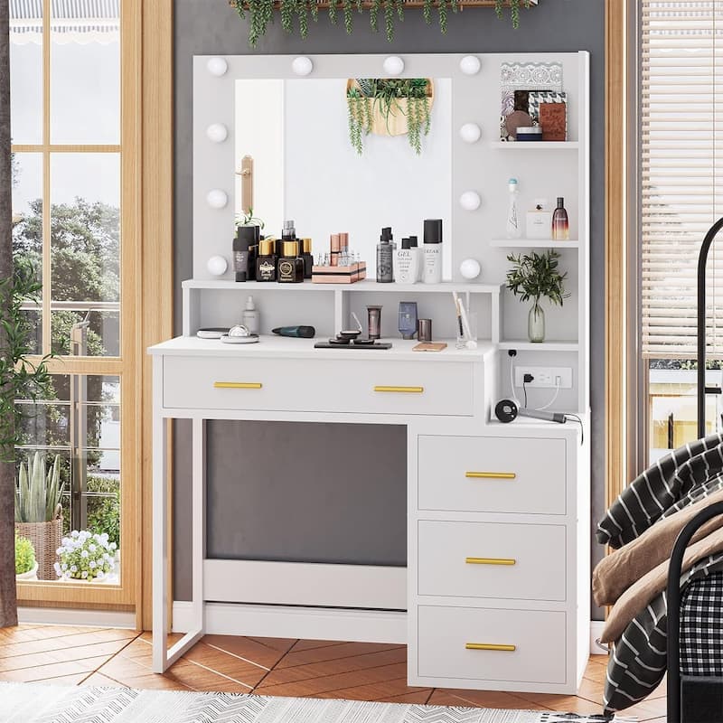 Makeup Vanity Desk 10 Light Bulbs Storage Shelves 5 Drawers