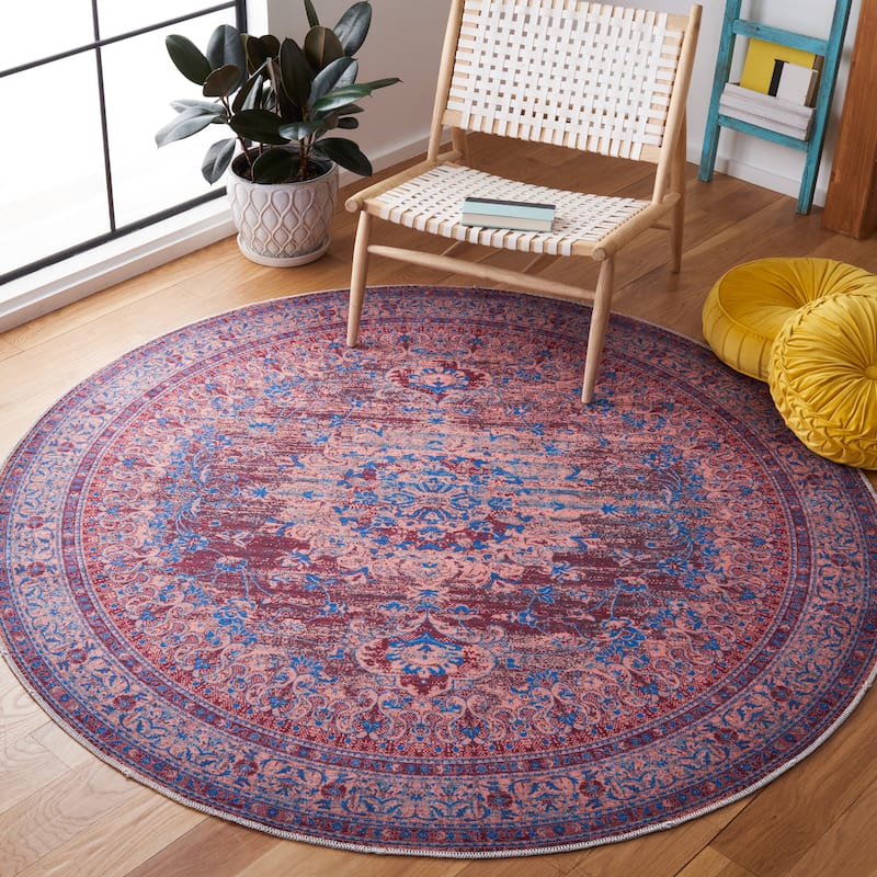 SAFAVIEH Serapi Machine Washable Netta Shabby Chic Distressed Rug - 6'7" Round - Gold/Blue