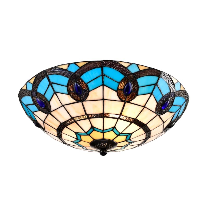 Thora Ivory and Azure Flushmount Ceiling Lamp Tiffany Style Glass Shade - Ivory-Blue