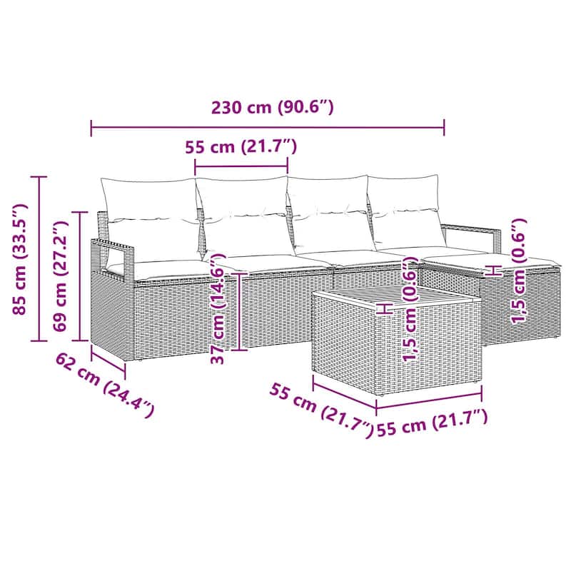 vidaXL 6 Garden Sofa Set with Cushions Black/Grey Poly Rattan - 90.6 x 24.4 x 27.2