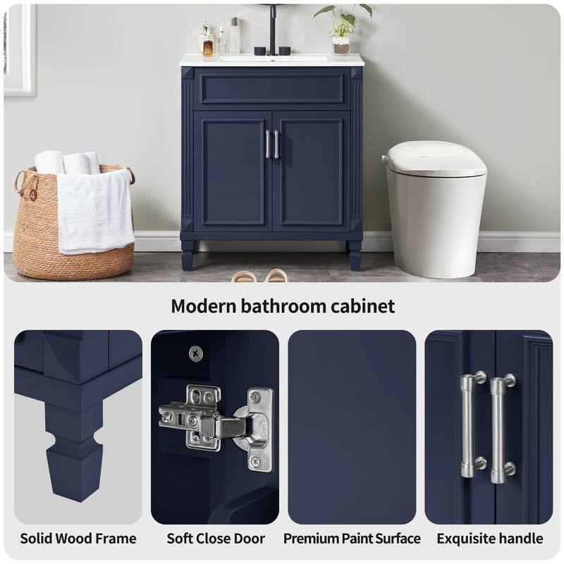Modern 30" Freestanding Bathroom Vanity Cabinet Wood Frame with Ceramic Sink and Soft-Close Storage