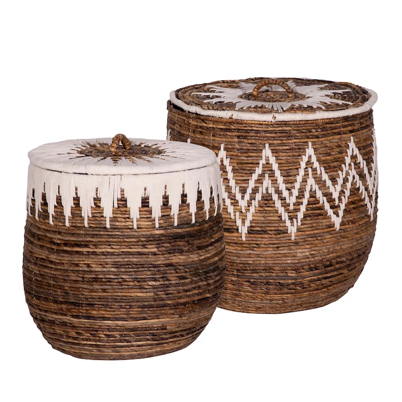 Wieler Hand Woven Banana Leaf and White Cotton Nesting Baskets with Lids