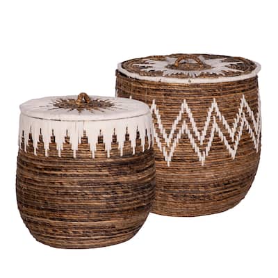 Wieler Hand Woven Banana Leaf and White Cotton Nesting Baskets with Lids