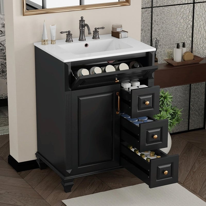 24" Bathroom Vanity with Sink, Freestanding Vanity Cabinet with Flip-Out Drawer, 3 Drawers, Ceramic Top
