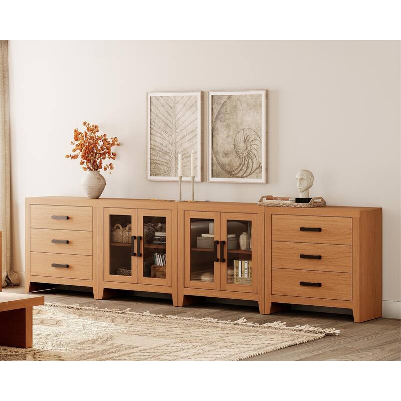 WAMPAT Farmhouse Buffet Cabinet with Glass Doors and Drawers, 4-Piece Modular Sideboard