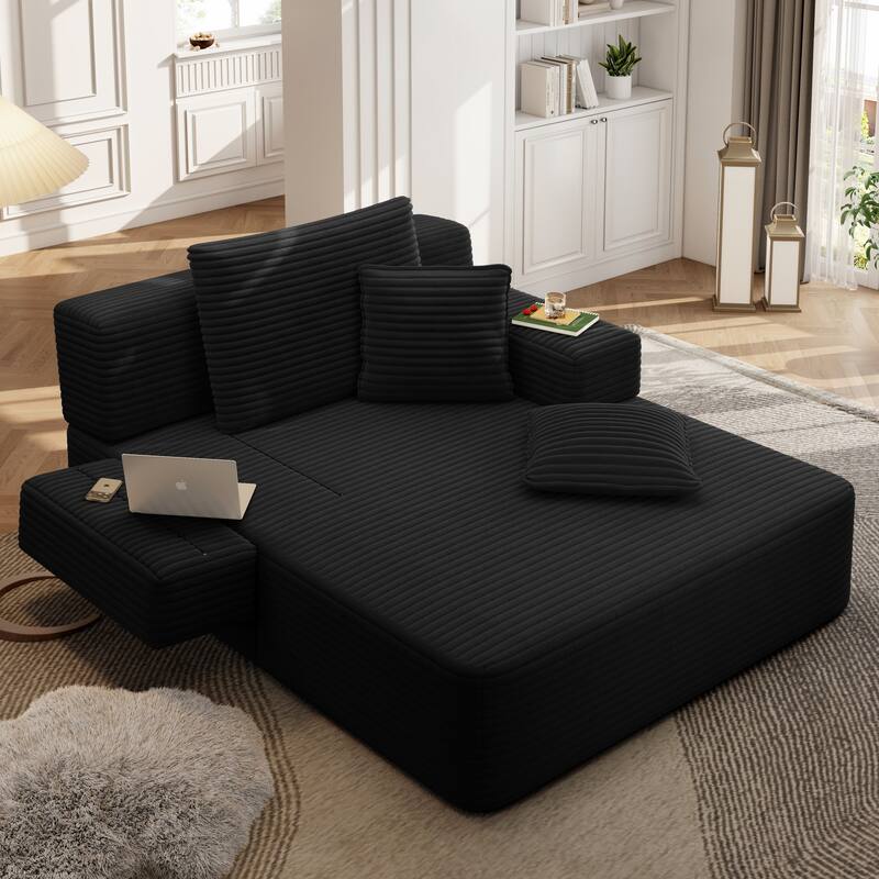 Luxurious Plush Corduroy Chaise Lounge Convertible Sofa Bed with Storage Pocket and Wide Armrests