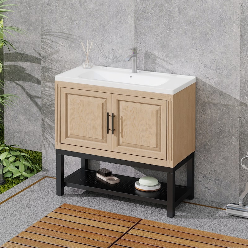 36" Bathroom Vanity with White Ceramic Sink & Hot and Cold Faucet - Natural