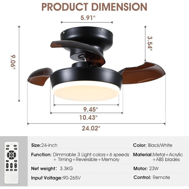 24" Small Ceiling Fan with Light and Remote,Retractable Blades,Small Fan Light for Bedroom,Closet,Bathroom - 13 Inches