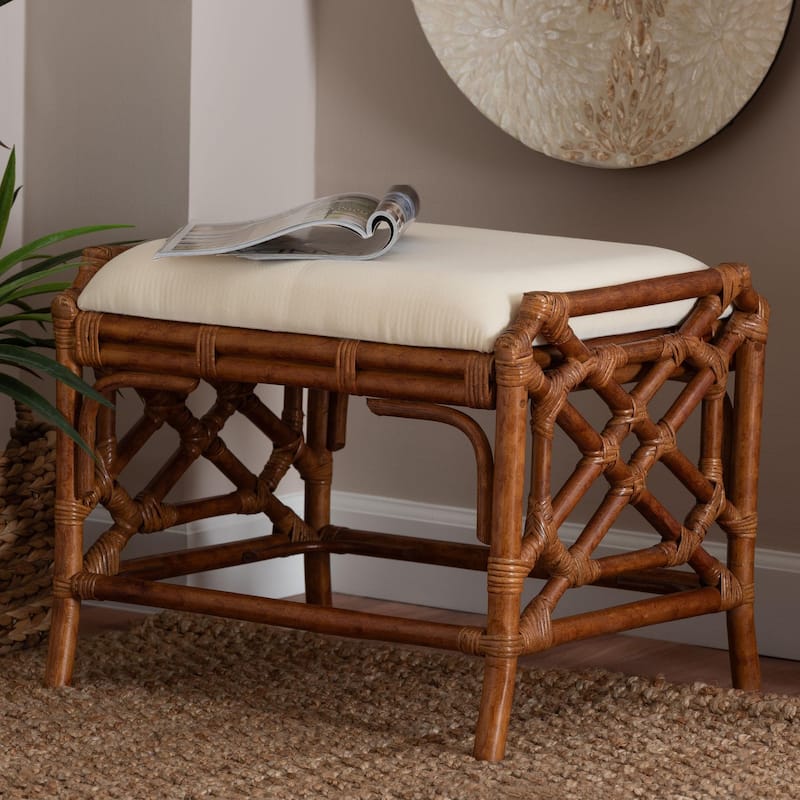 Morley Marbled Tortoise Natural Rattan Ottoman - Handcrafted Accent Footstool with Decorative Frame, Coastal Tropical Style