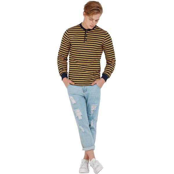 Shop Men Henley Shirt Cotton Pullover Long Sleeve Casual Striped T