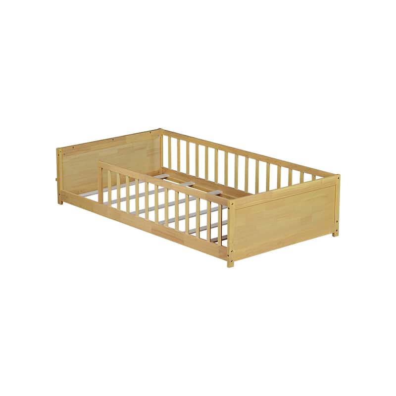 Roomfitters Twin Floor Platform Bed with Built-in Book Rack, Rubber Wood Frame, Low Profile Design with Guardrails