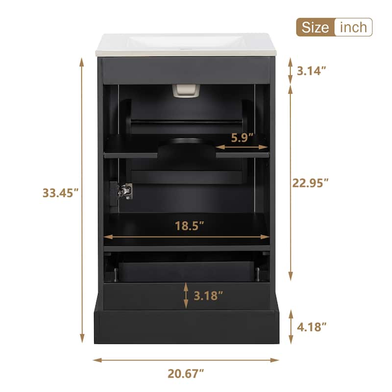 20 Inch Bathroom Vanity With Ceramic Sink, Soft Close Door, Adjustable U-Shaped Shelf, Compartment Drawer And Door Storage Rack