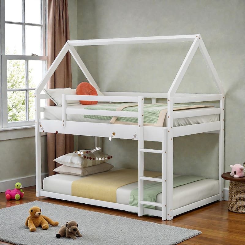 Twin over Twin Low Bunk Bed House Frame with Ladder, Kids Wooden Bunk Bed, Pine Wood and MDF, No Box Spring - White - Twin