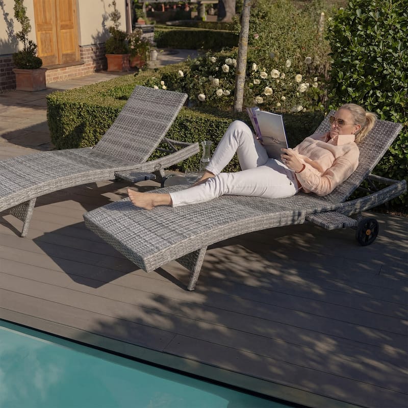 80"Patio Chaise Lounge Chairs Set of 2, Rattan Reclining Chair w/Rolling Wheels & Pull-out Side Table, Adjustable Backrest