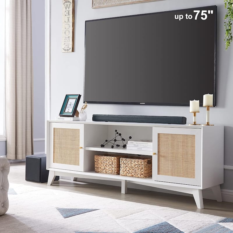 Mid-Century Modern Rattan TV Stand for 75'' TV, Entertainment Center