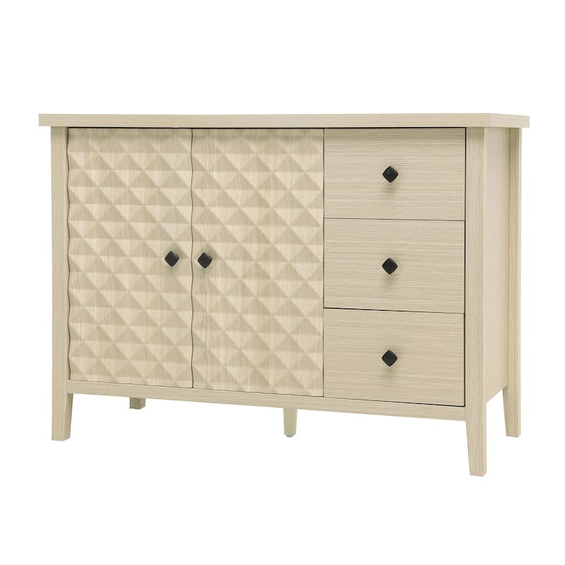 Buffet Cabinet with 2 Embossed Doors, Kitchen Wooden Storage Cabinet, Accent Cabinet with 3 Drawers & Adjustable Shelves