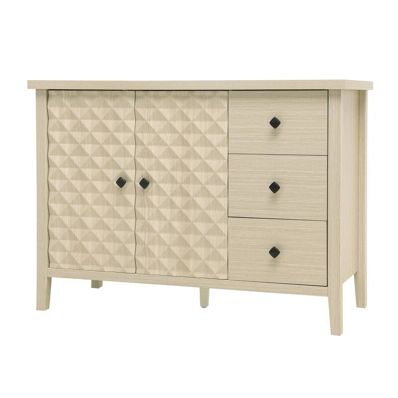 Roomfitters Modern Buffet Cabinet with 2 Embossed Doors and 3 Drawers, Accent Sideboard Storage Cabinet, Natural