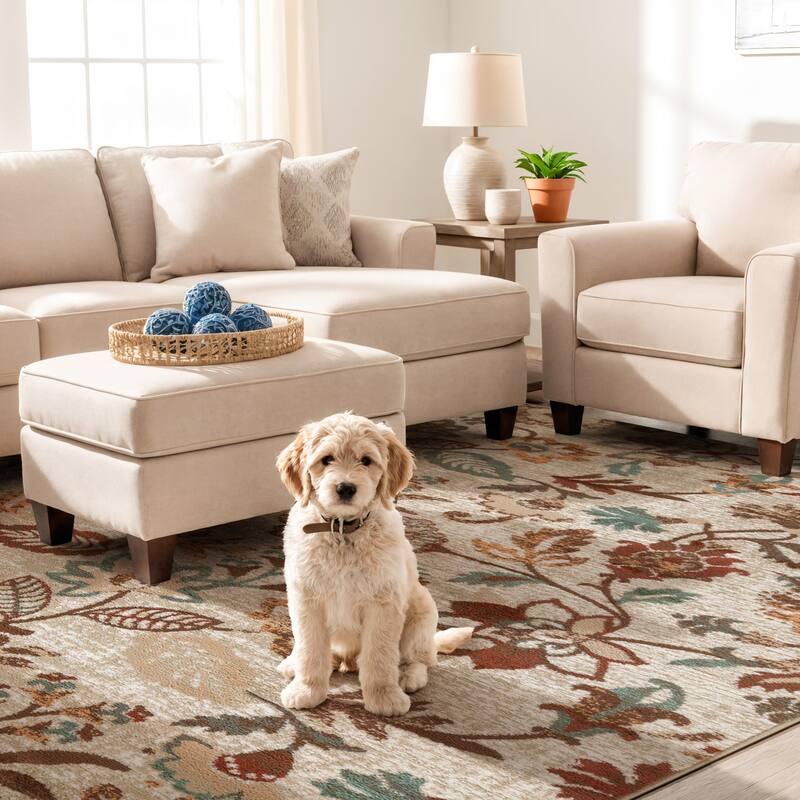 World Rug Gallery Contemporary Vine Floral Area Rug - 5' x 7' - Beige