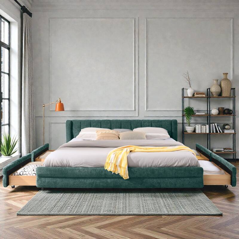 King Upholstered Bed Frame with Chenille Fabric, Soft Headboard and Underbed Storage Drawer, Modern Platform Design