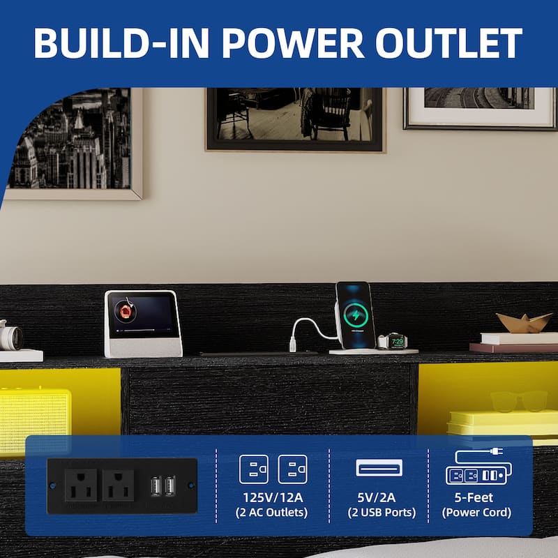 Queen/King Size LED Bed Frame with Bookcase Headboard, 4 Storage Drawers and Charging Station