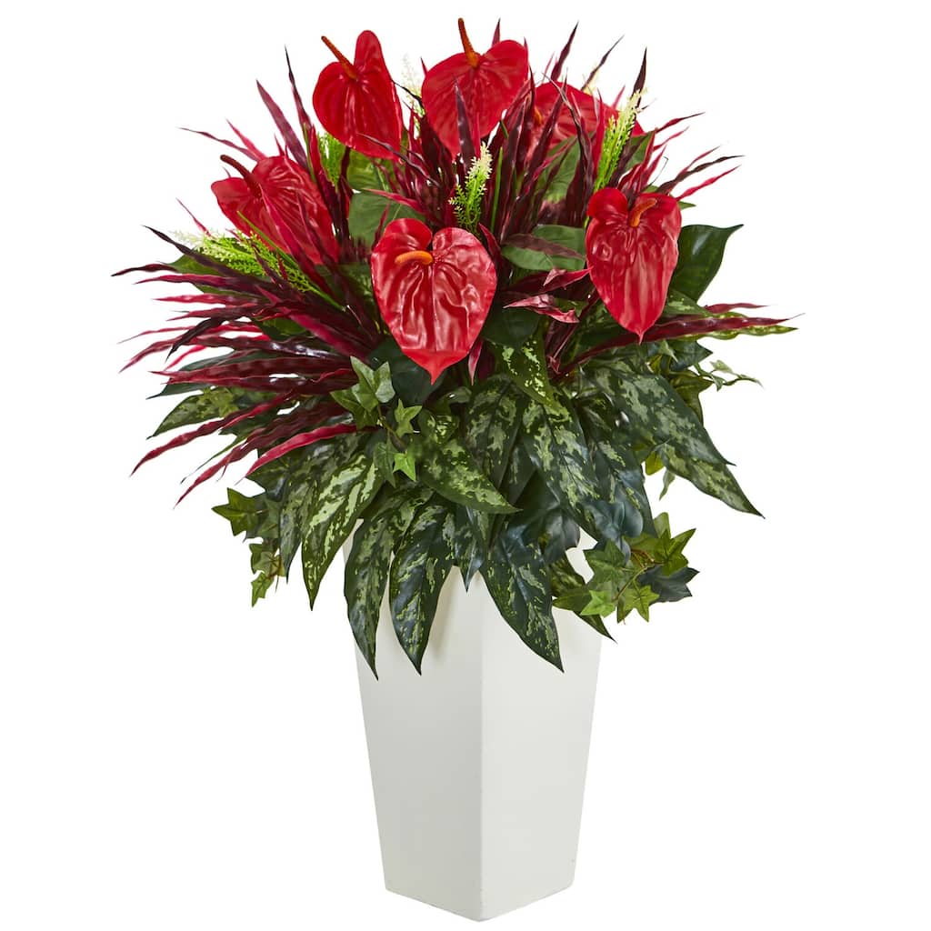 Tropical Anthurium Plant Arrangement with Planter - 28" Tall Decorative Home Décor - Red - 33